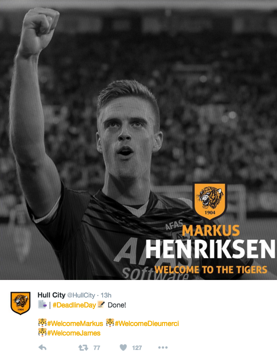 Markus Henriksen har signert en låneavtale med Hull City. Han blir dermed lagkamerat med Adama Diomande både på klubblag og landslag. Foto: Twitter (@HullCity)